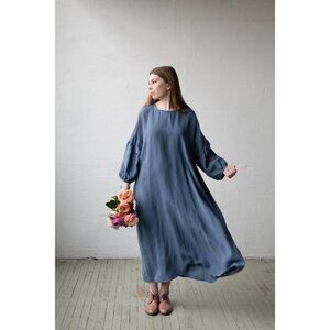 Allthebeautifullinen OS Maxi Kimono Dress Oversized Roomy Blue Gray Handmade